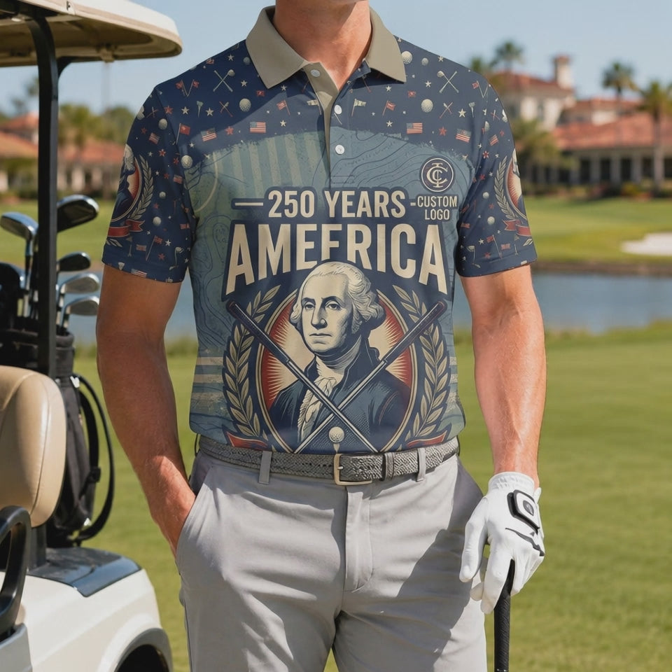 Product showcase video highlighting the athletic fit and premium stretch material of the commemorative George Washington America 250 years golf polo.
