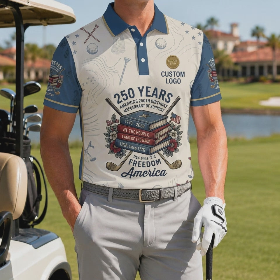 Product video showcasing the premium lightweight fabric and crisp printing of the custom patriotic history books 250th anniversary polo.