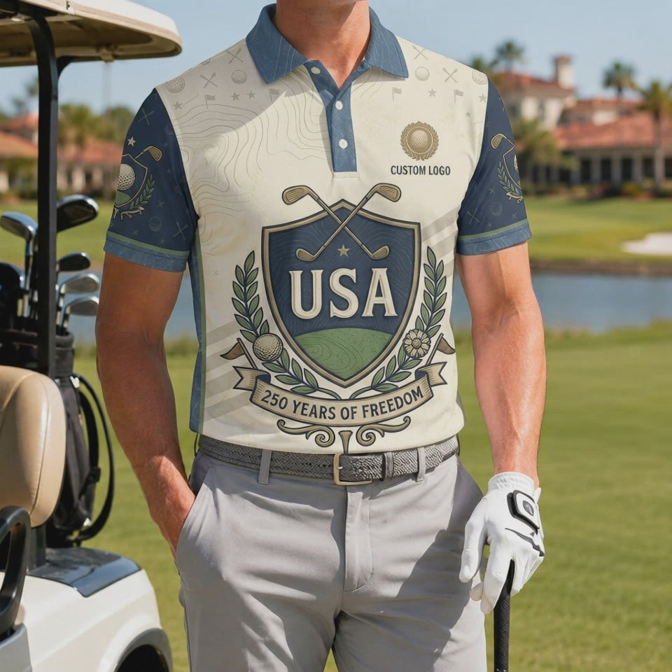 Video preview showcase highlighting the flexible four-way stretch fabric drape and crisp color saturation of the USA Shield golf polo shirt.