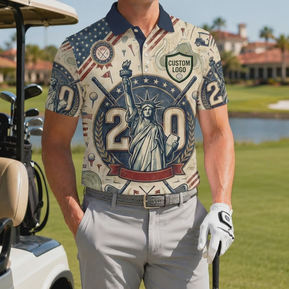 Product video showcasing the lightweight performance fabric and crisp Lady Liberty portrait print of the custom golf polo.
