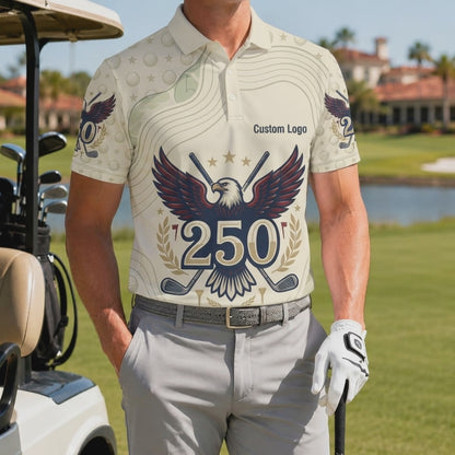 Product showcase video showcasing the fit and premium look of the custom eagle 250 drive men's golf polo shirt on the golf course.