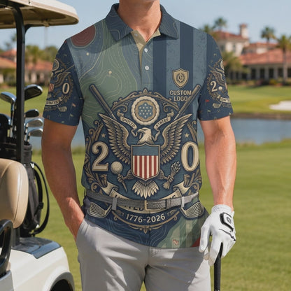Product showcase video highlighting the athletic fit and premium stretch material of the patriotic 1776-2026 United States anniversary golf polo shirt.