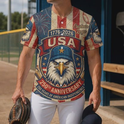 A person wearing a 250th anniversary eagle baseball jersey on a sports field, showcasing the commemorative eagle design