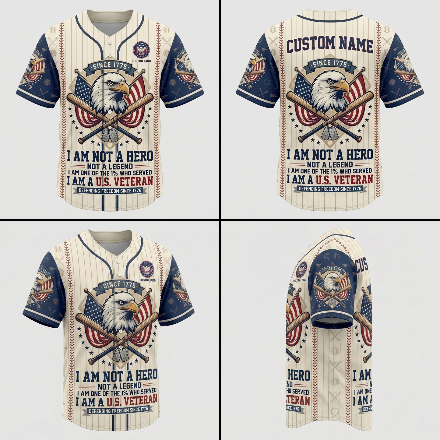 Four-way product presentation template showcasing the front, back, side print profile, and angled view of the patriotic veteran baseball jersey.