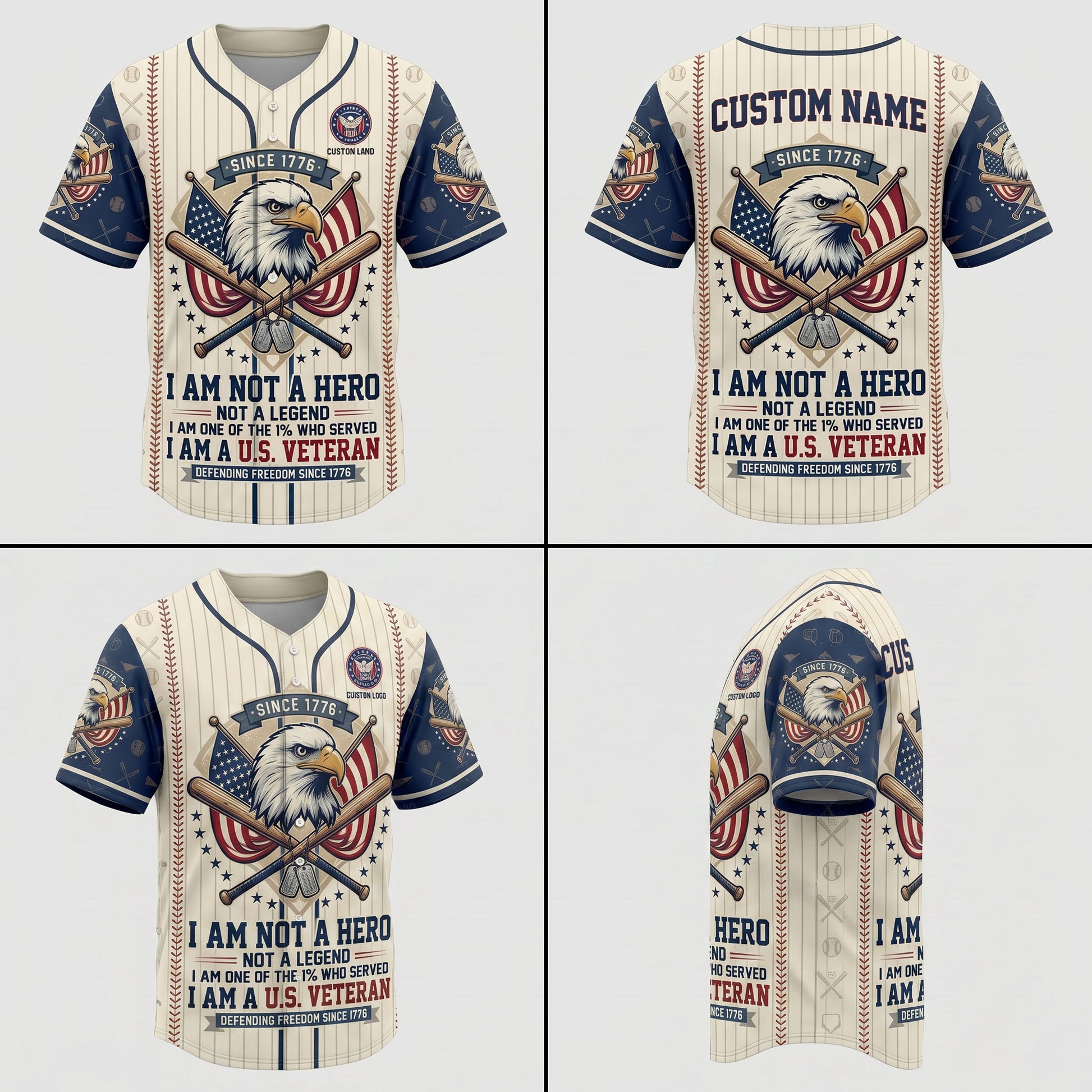 Four-way product presentation template showcasing the front, back, side print profile, and angled view of the patriotic veteran baseball jersey.