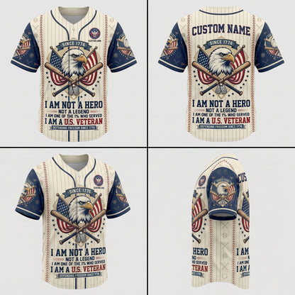 Four-way product presentation template showcasing the front, back, side print profile, and angled view of the patriotic veteran baseball jersey.