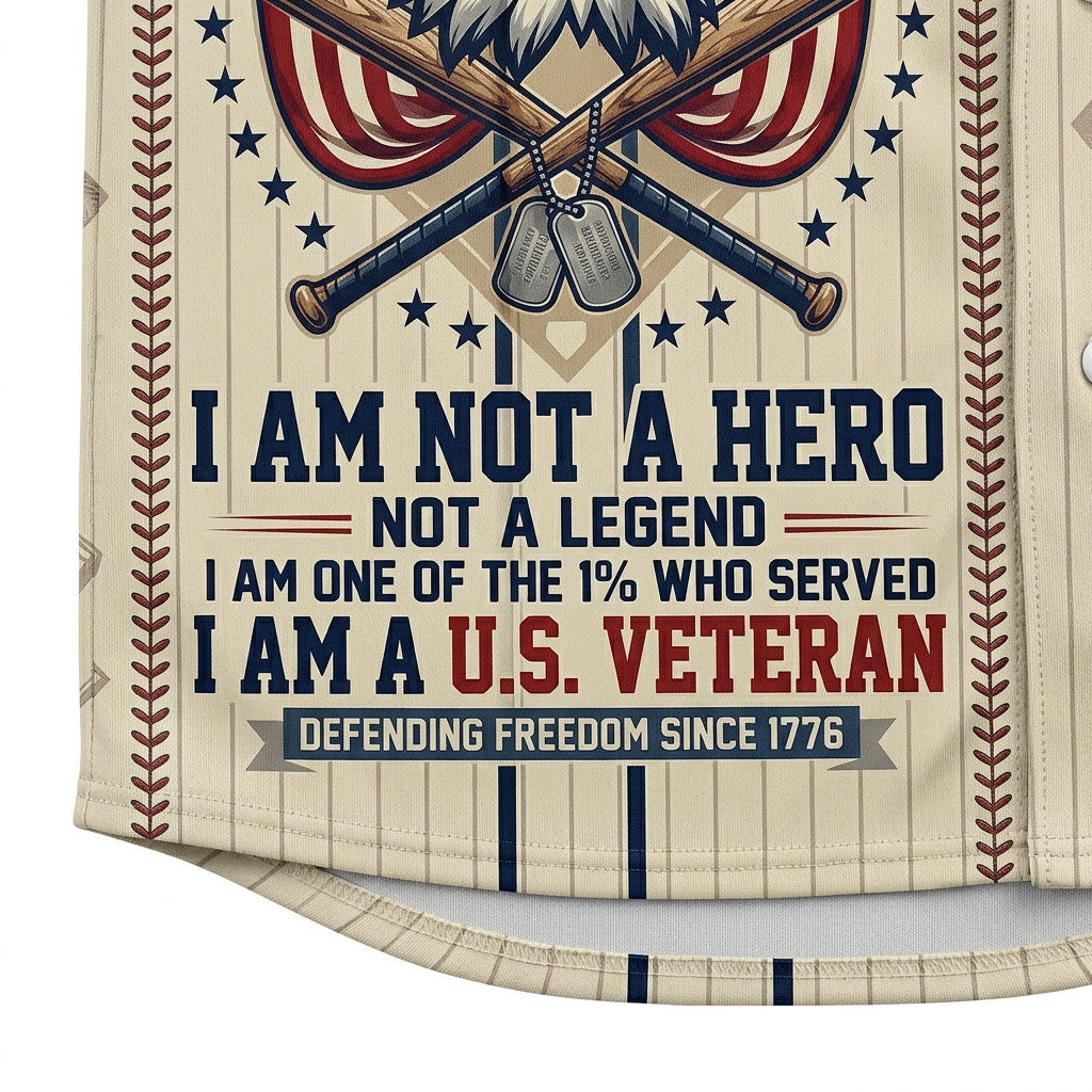Extreme close-up of the lower front print on the cream jersey showcasing the bold text I Am Not A Hero I Am A US Veteran and vertical pinstripes.