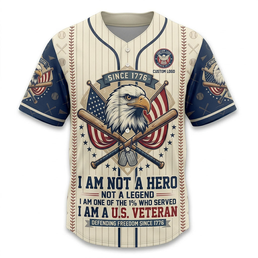 Premium flatlay of the custom cream pinstripe US veteran anniversary baseball shirt isolated on a solid white background for store display.