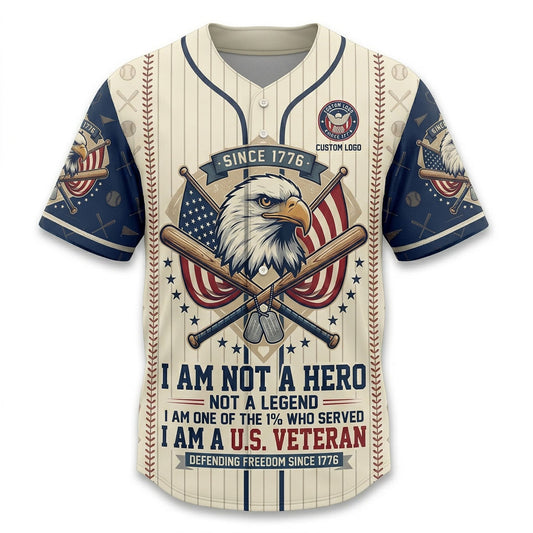 Premium flatlay of the custom cream pinstripe US veteran anniversary baseball shirt isolated on a solid white background for store display.