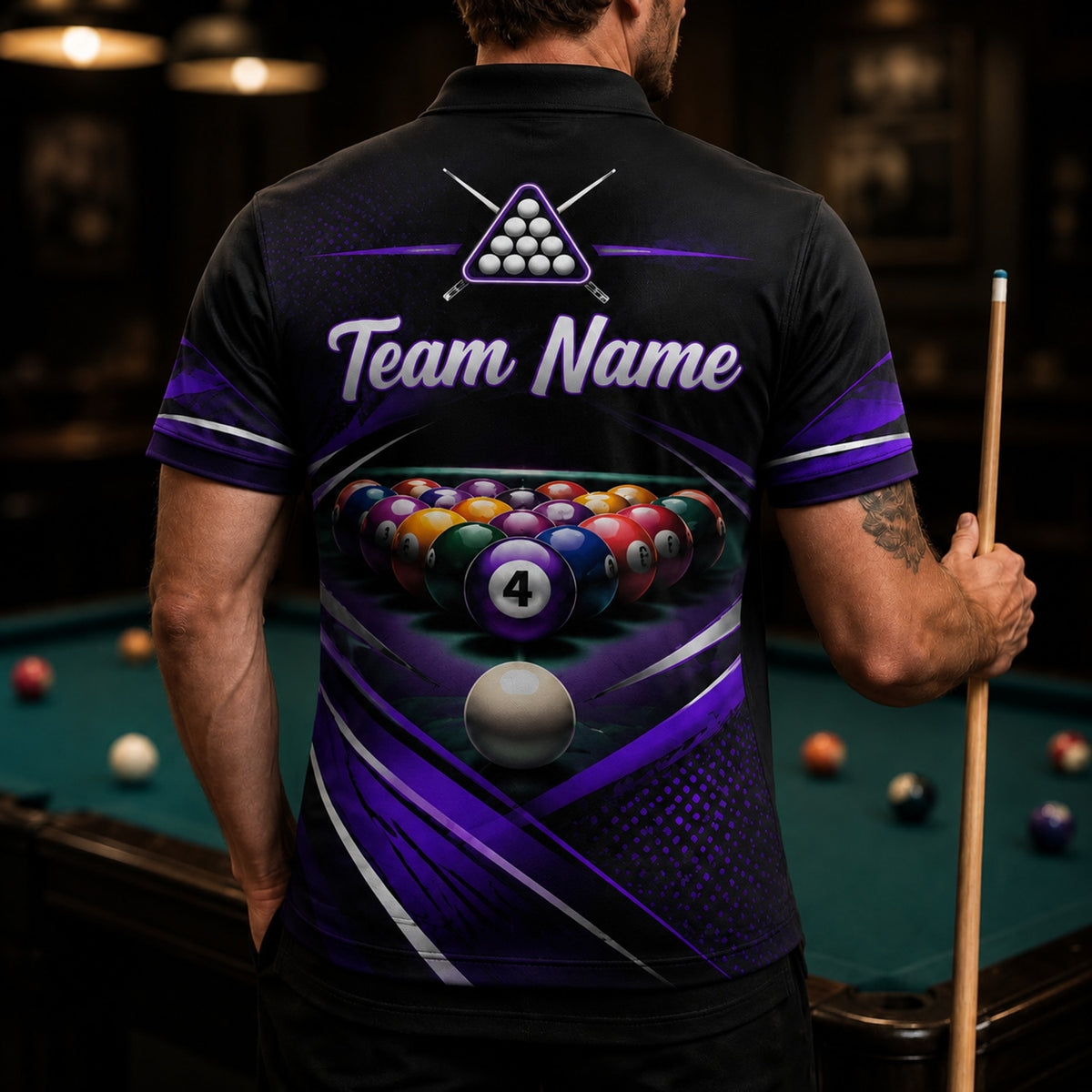Purple 4 Ball Billiards Sport Personalized Billiard Polo Shirt Back View
