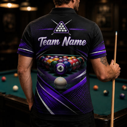 Purple 4 Ball Billiards Sport Personalized Billiard Polo Shirt Back View