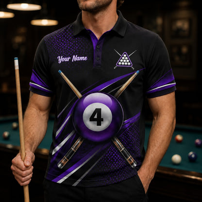 Purple 4 Ball Billiards Sport Personalized Billiard Polo Shirt Front View