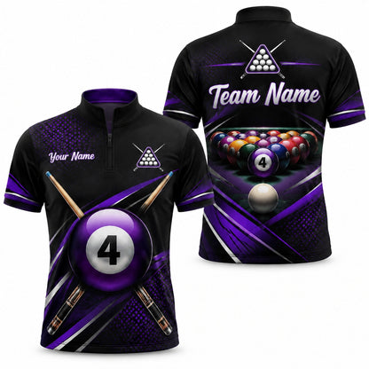 Purple 4 Ball Billiards Sport Personalized Billiard Polo Shirt Jersey Zip 1 4 Collar