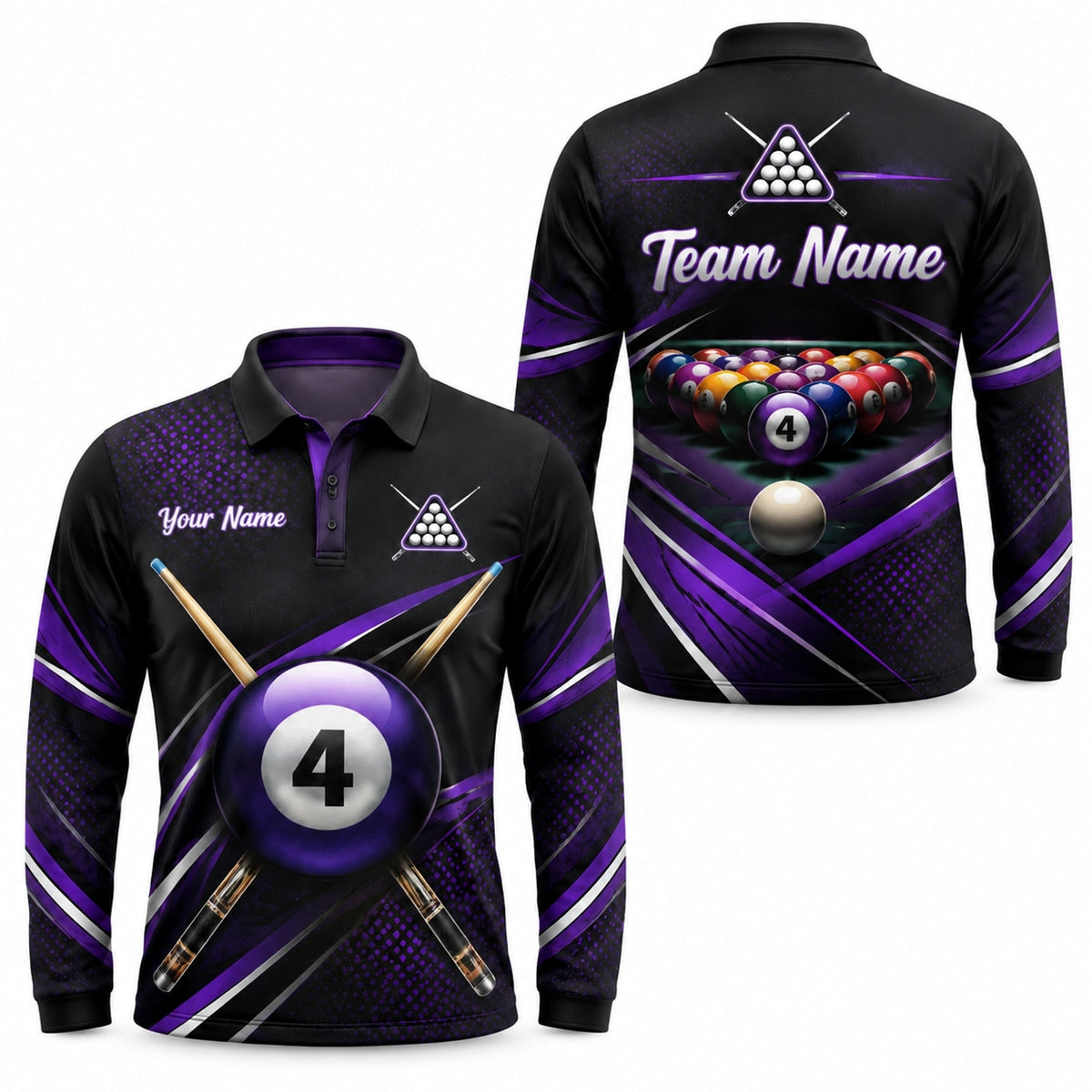 Purple 4 Ball Billiards Sport Personalized Billiard Polo Shirt Long Sleeve Polo
