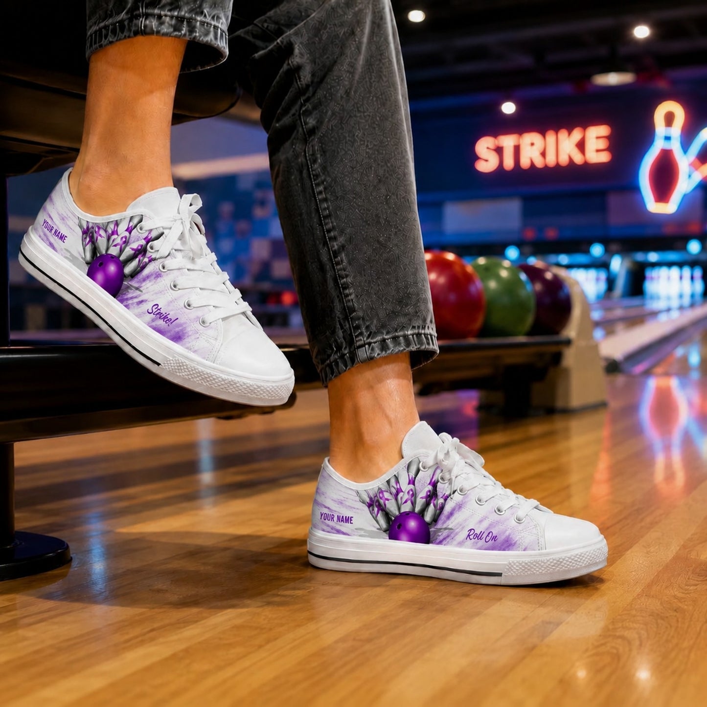 Purple Bowling Ball And Pins Graphic Personalized Low Top Shoes Bowling Life Style