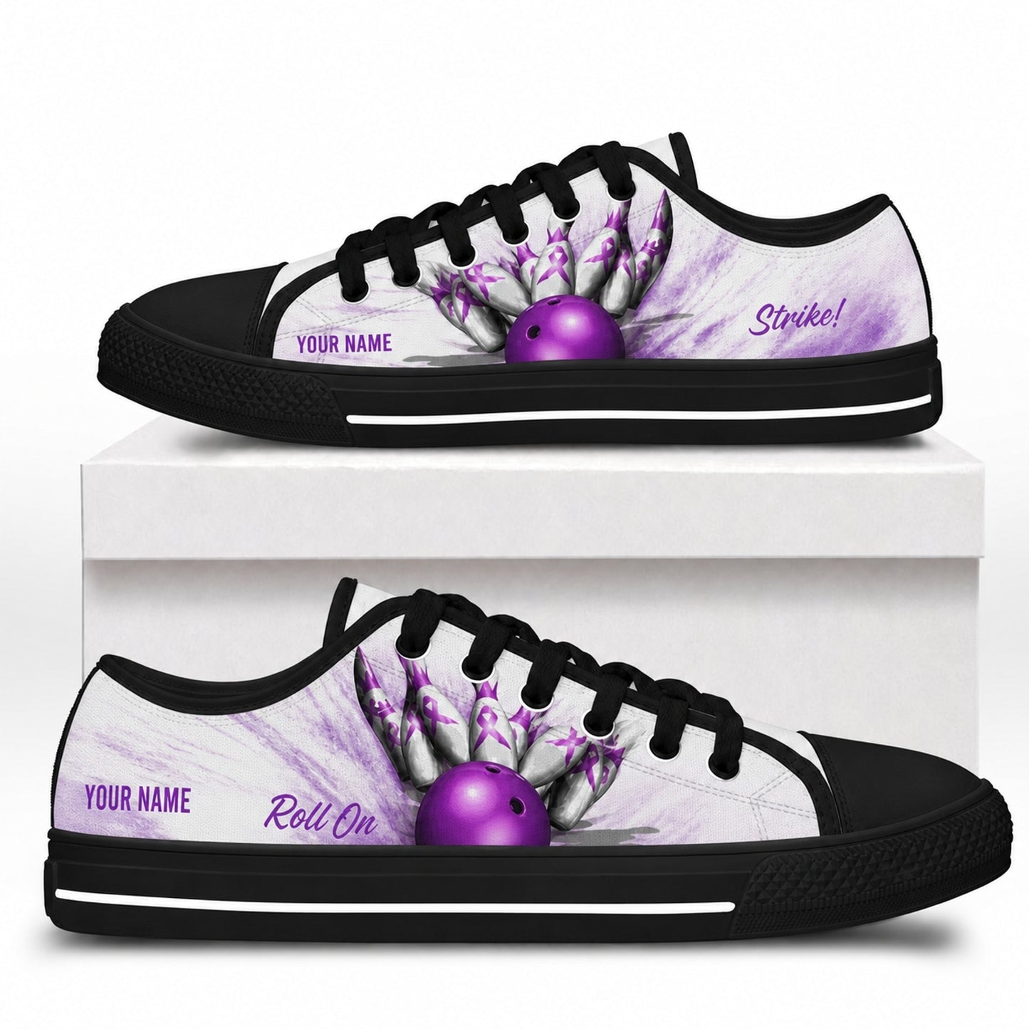 Purple Bowling Ball And Pins Graphic Personalized Low Top Shoes Box Black