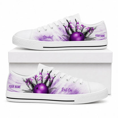 Purple Bowling Ball And Pins Graphic Personalized Low Top Shoes Box White
