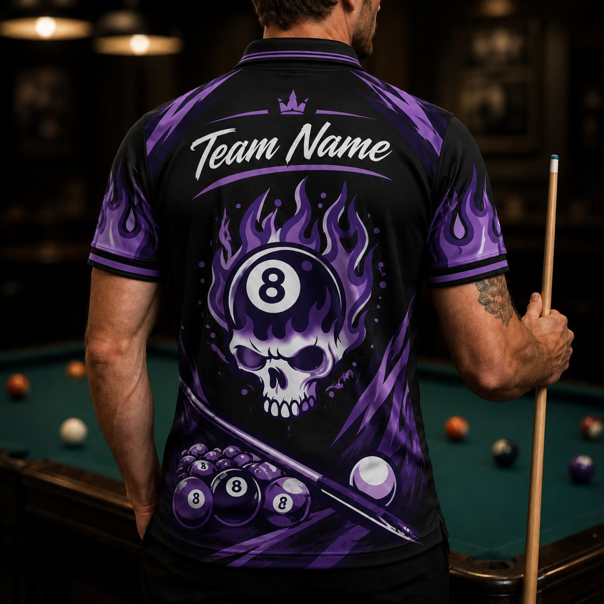 Purple Flaming 8 Ball Skull Graphic Personalized Billiard Polo Shirt Back View