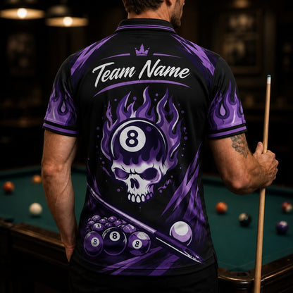 Purple Flaming 8 Ball Skull Graphic Personalized Billiard Polo Shirt Back View