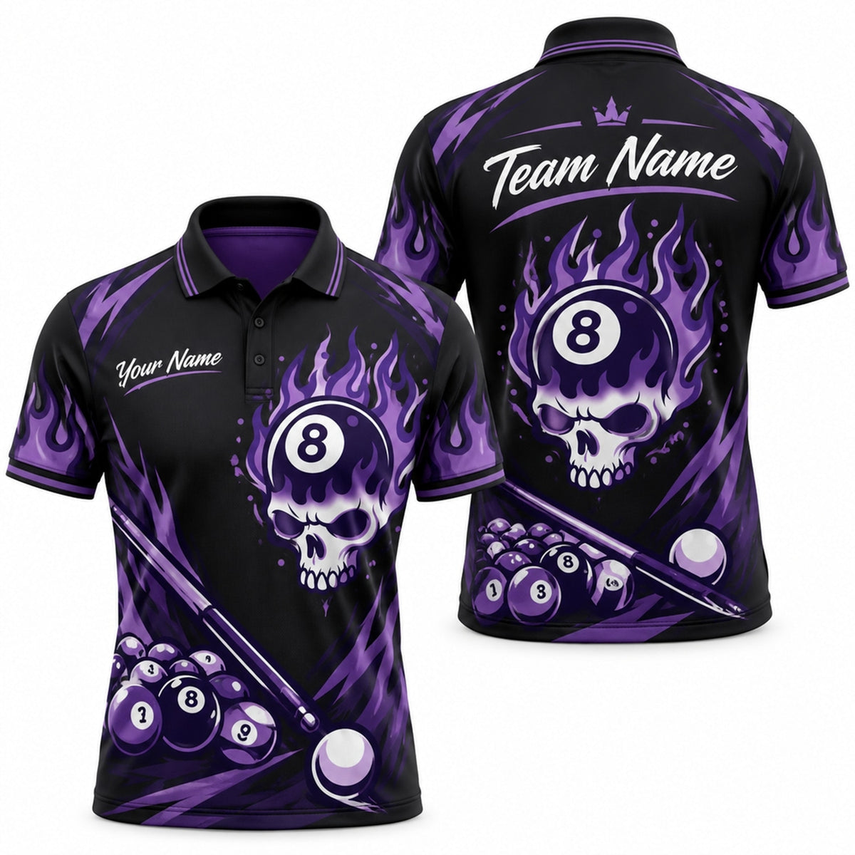 Purple Flaming 8 Ball Skull Graphic Personalized Billiard Polo Shirt