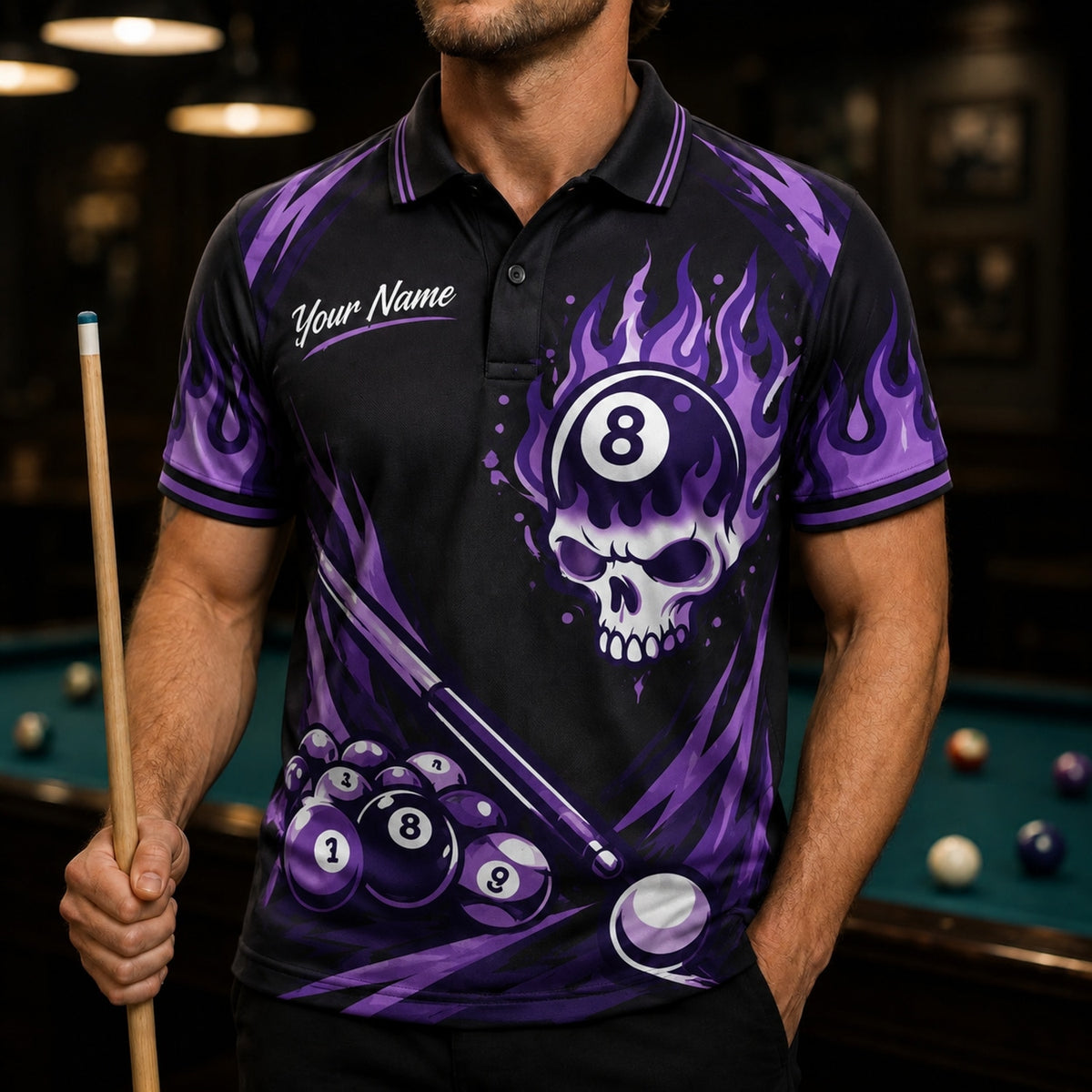 Purple Flaming 8 Ball Skull Graphic Personalized Billiard Polo Shirt Front View