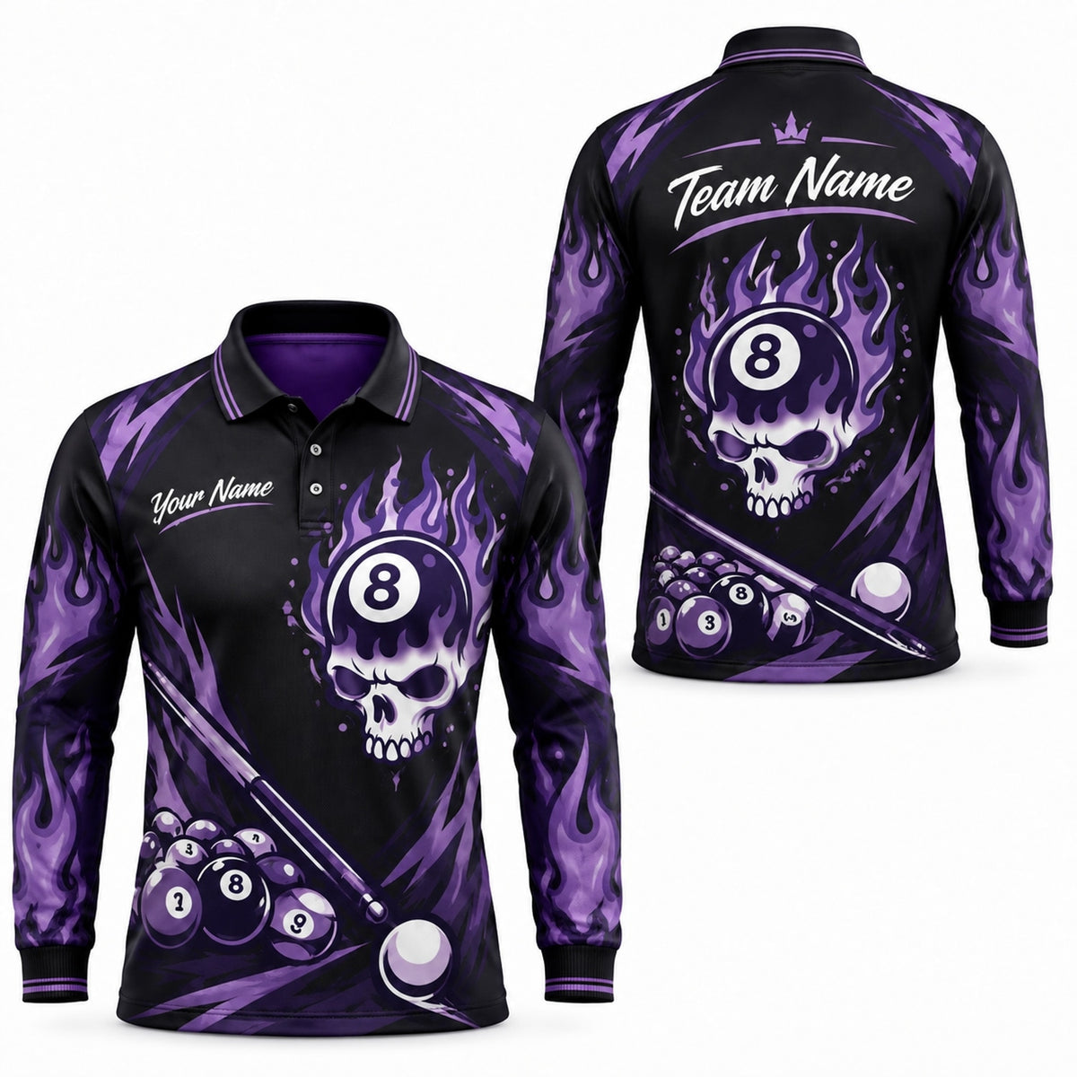Purple Flaming 8 Ball Skull Graphic Personalized Billiard Polo Shirt Long Sleeve Polo