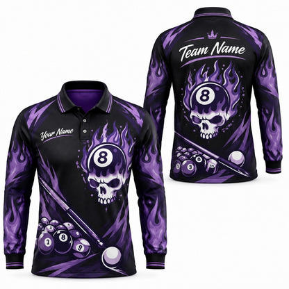 Purple Flaming 8 Ball Skull Graphic Personalized Billiard Polo Shirt Long Sleeve Polo