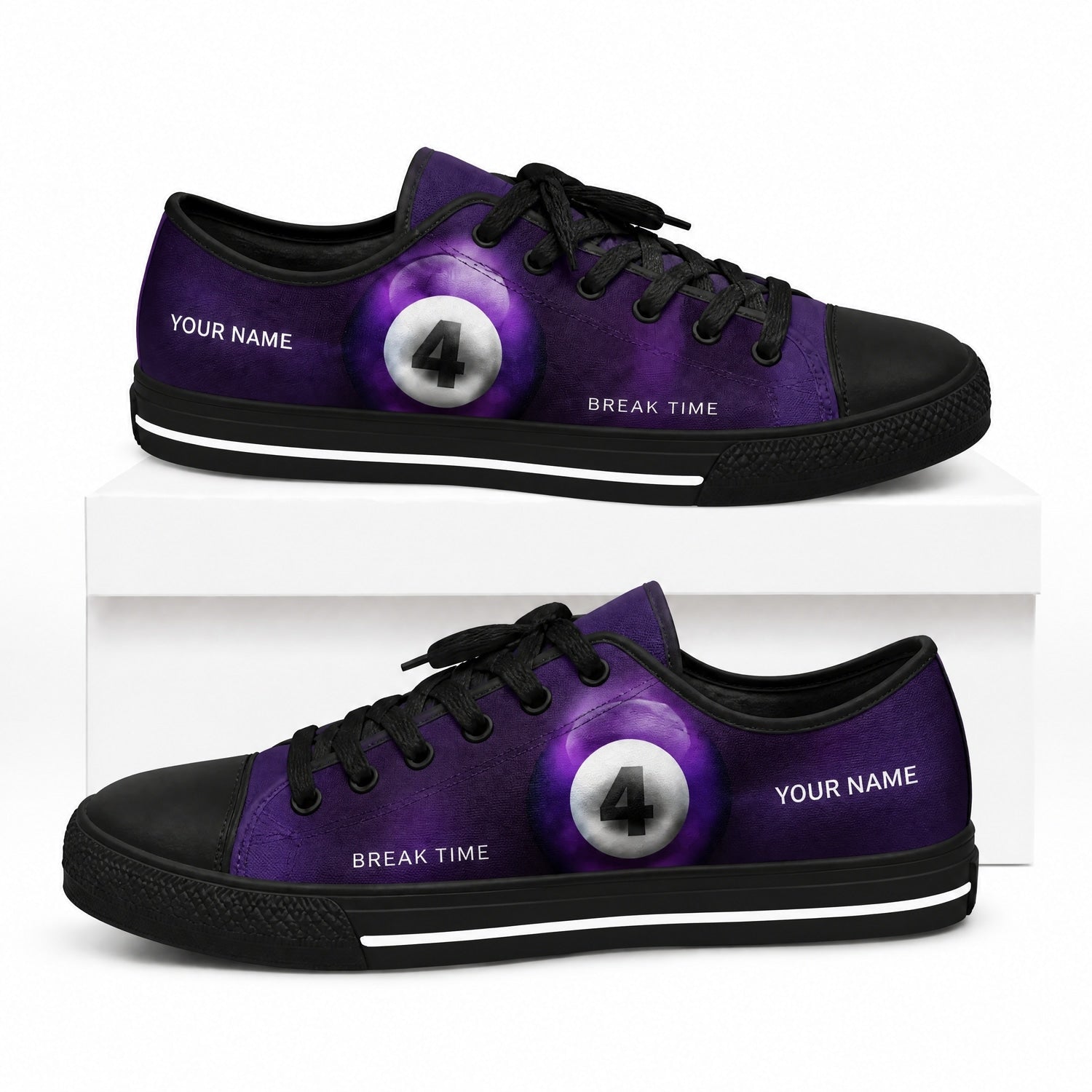 Purple Four Ball Graphic Personalized Low Top Shoes Box Black