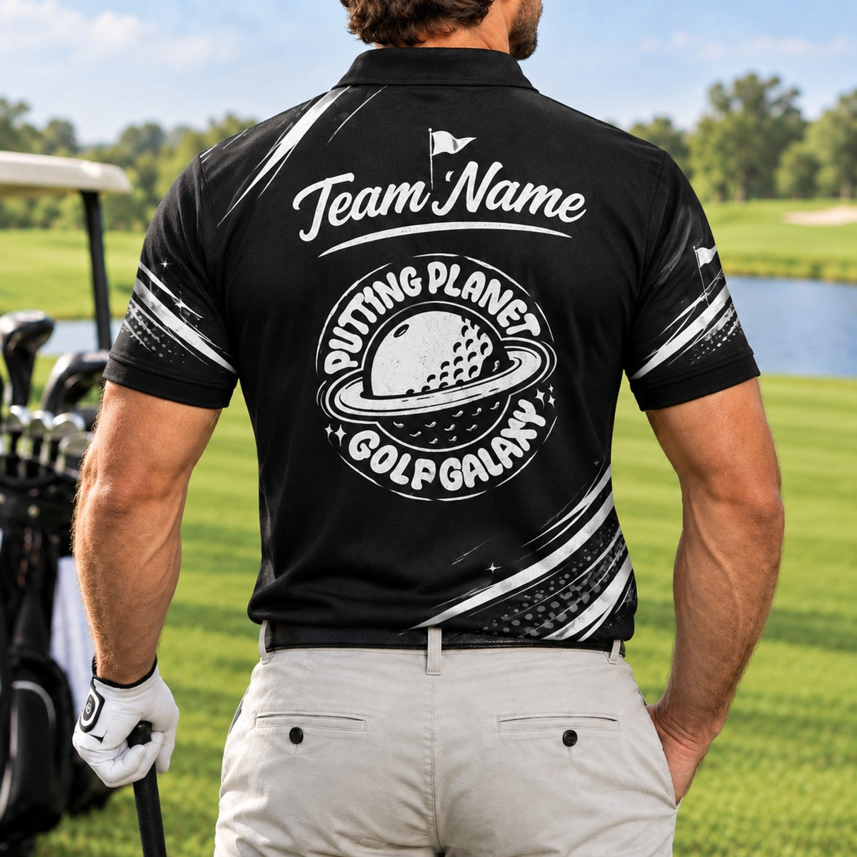Putting Planet Golf Galaxy Sport Personalized Golf Polo Shirt Back View