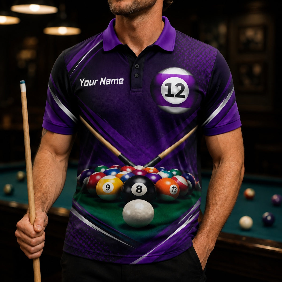 Rack Of Pool Balls Sport Personalized Billiard Polo Shirt Front View