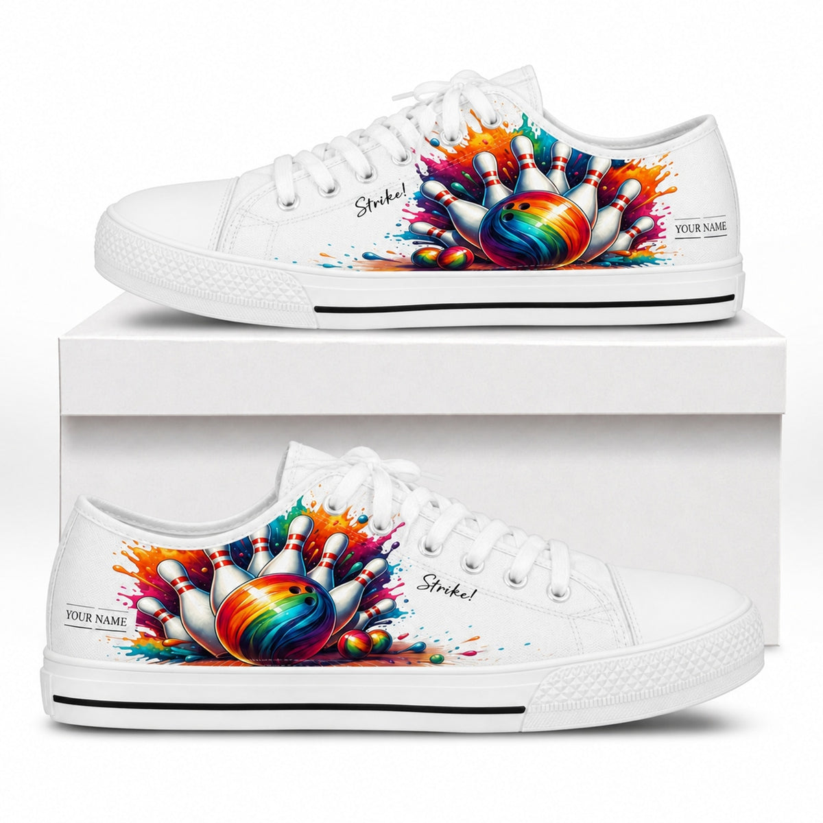 Rainbow Bowling Strike Graphic Custom Low Top Shoes Box White