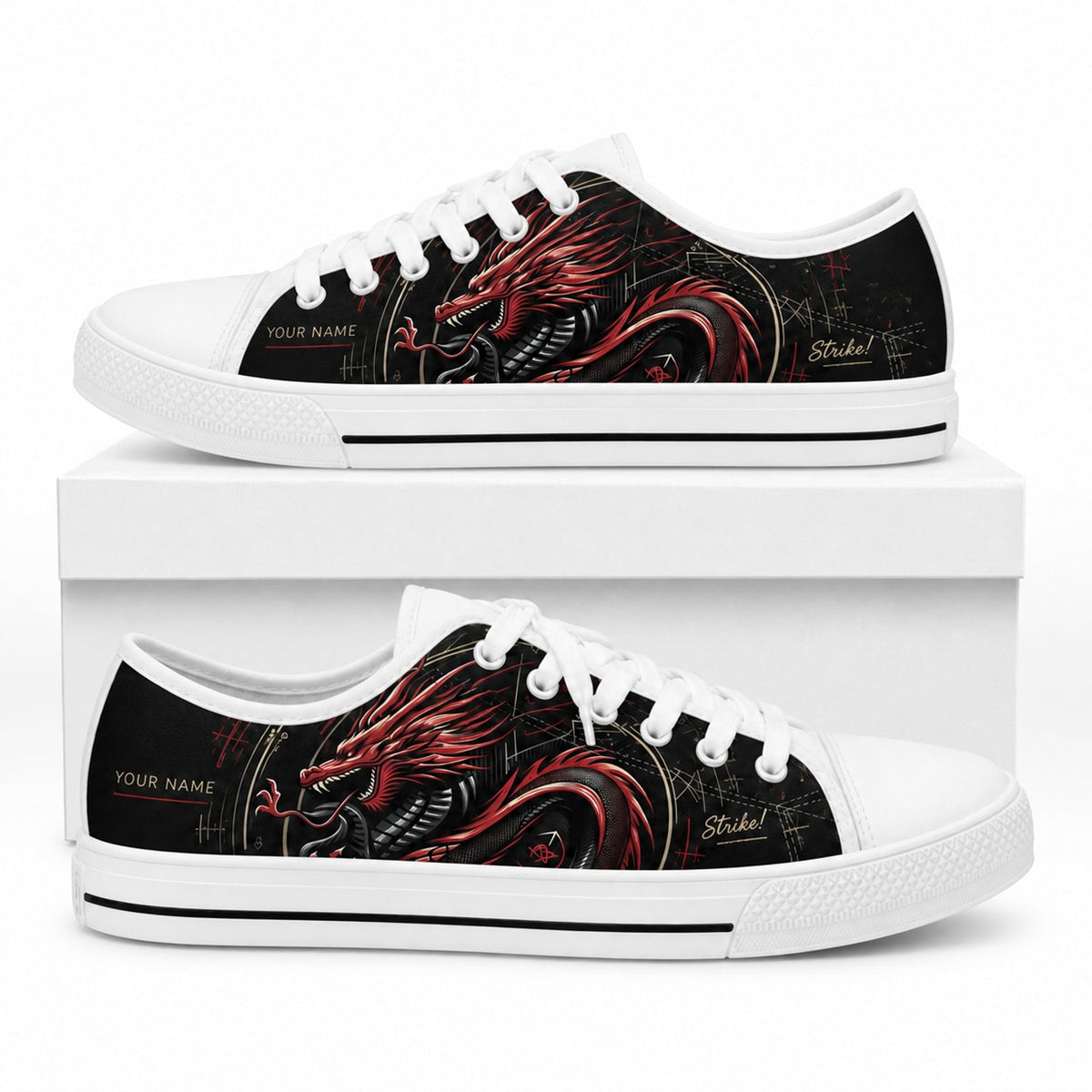 Red Dragon Artwork Graphic Personalized Low Top Shoes Box White