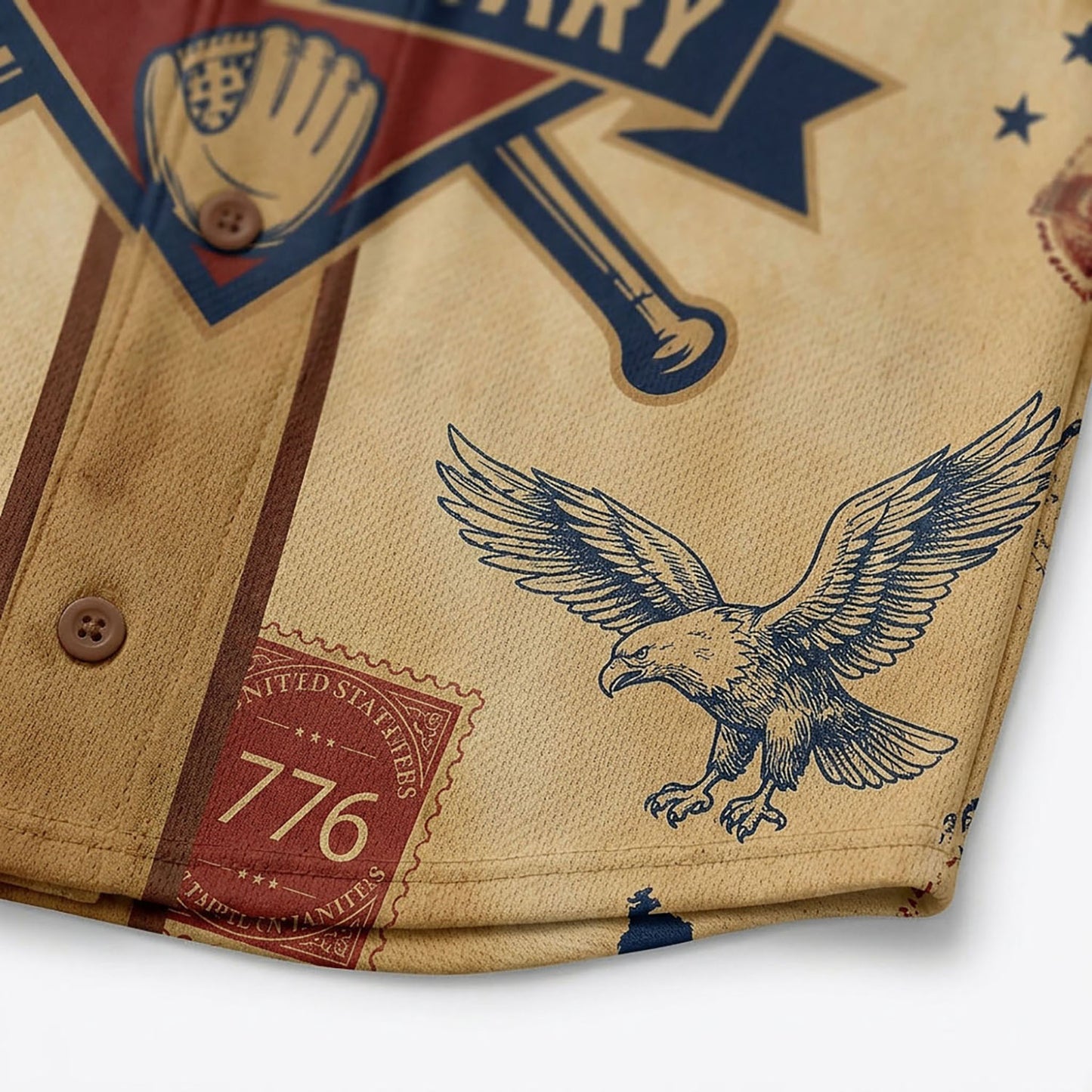 Close-Up Detail Of High-Definition Sublimation Print Showcasing The 1776 Stamp And Vintage Eagle Graphic