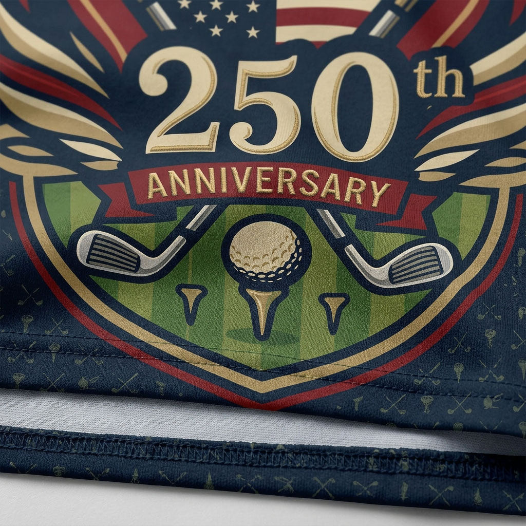 Meticulous close-up of the detailed Liberty Crown rays graphic with a center golf ball and crossed clubs.