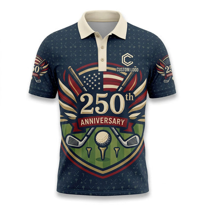 Front view of the Retro USA Liberty Crown golf polo shirt featuring a vintage cream body and navy patterned shoulders.