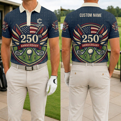 Both front and back views of the 250th Anniversary Liberty Crown golf polo highlighting the custom name print area.