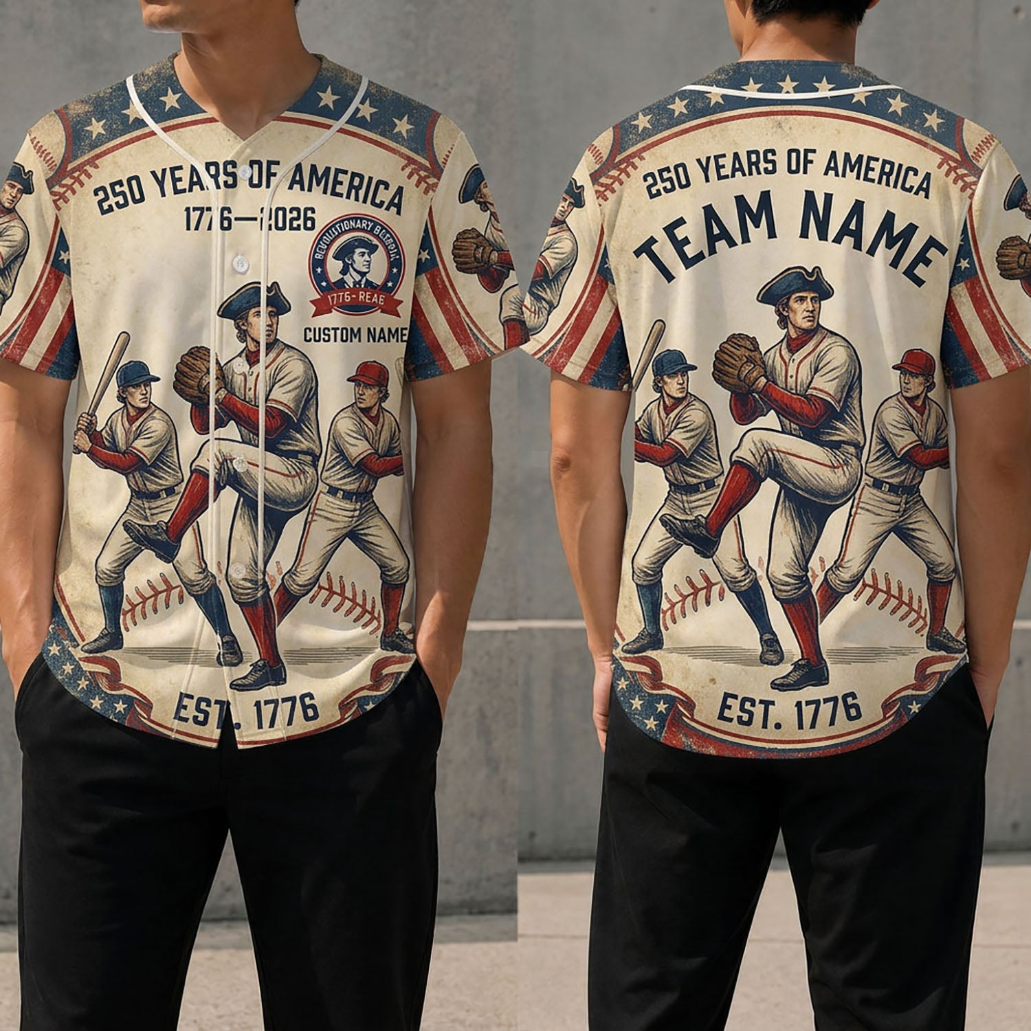 Front And Back View Of The Revolutionary Baseball Heritage Jersey Featuring Patriotic 250th Anniversary Graphics