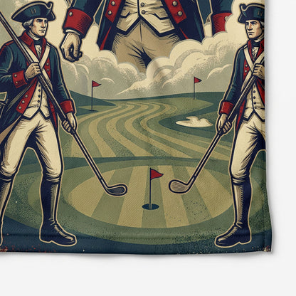 Detailed closeup of the Revolutionary Soldier illustration and patriotic polo fabric