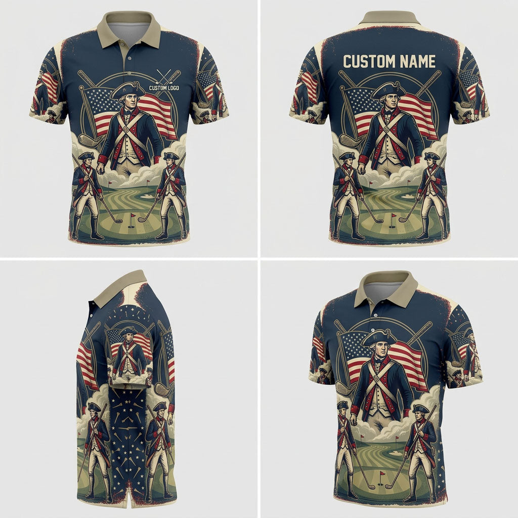 Multi-angle product display of the Revolutionary Soldier designer golf polo for men