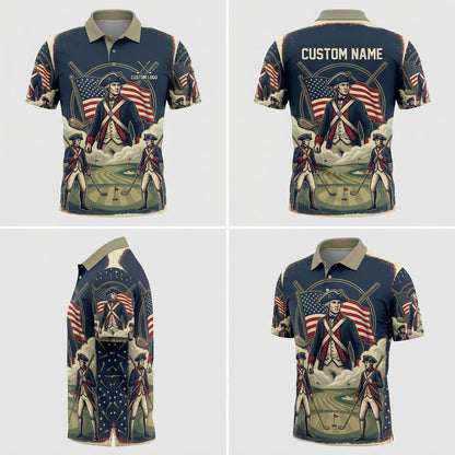 Multi-angle product display of the Revolutionary Soldier designer golf polo for men