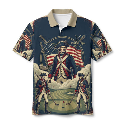Premium flatlay layout of the 1776 commemorative soldier golf polo