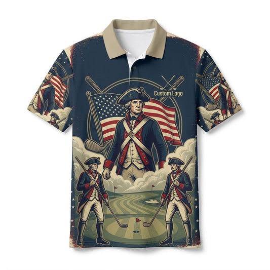 Premium flatlay layout of the 1776 commemorative soldier golf polo
