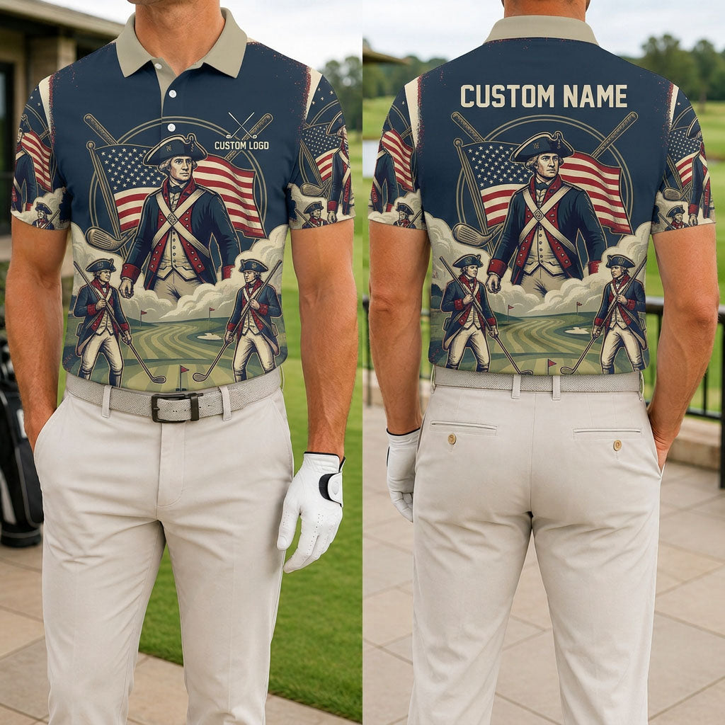 Front and back view of the Revolutionary Soldier patriotic custom golf polo