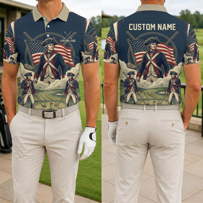 Front and back view of the Revolutionary Soldier patriotic custom golf polo