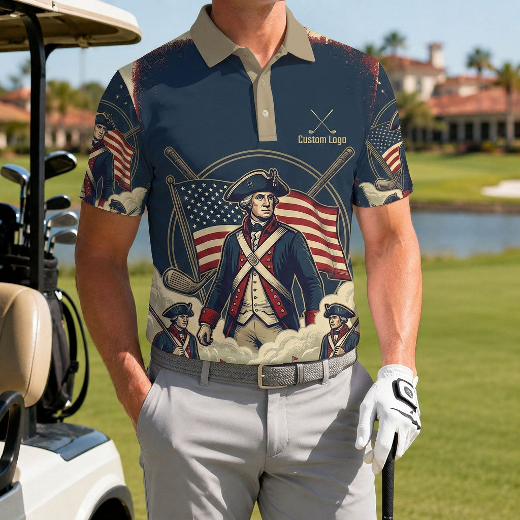 Golfer wearing the Revolutionary Soldier performance polo on the golf course