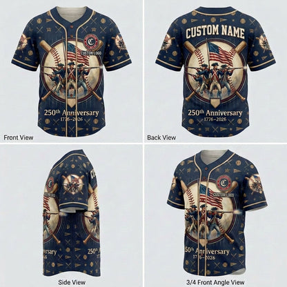 Product grid showing multiple views of the Revolutionary soldiers baseball jersey