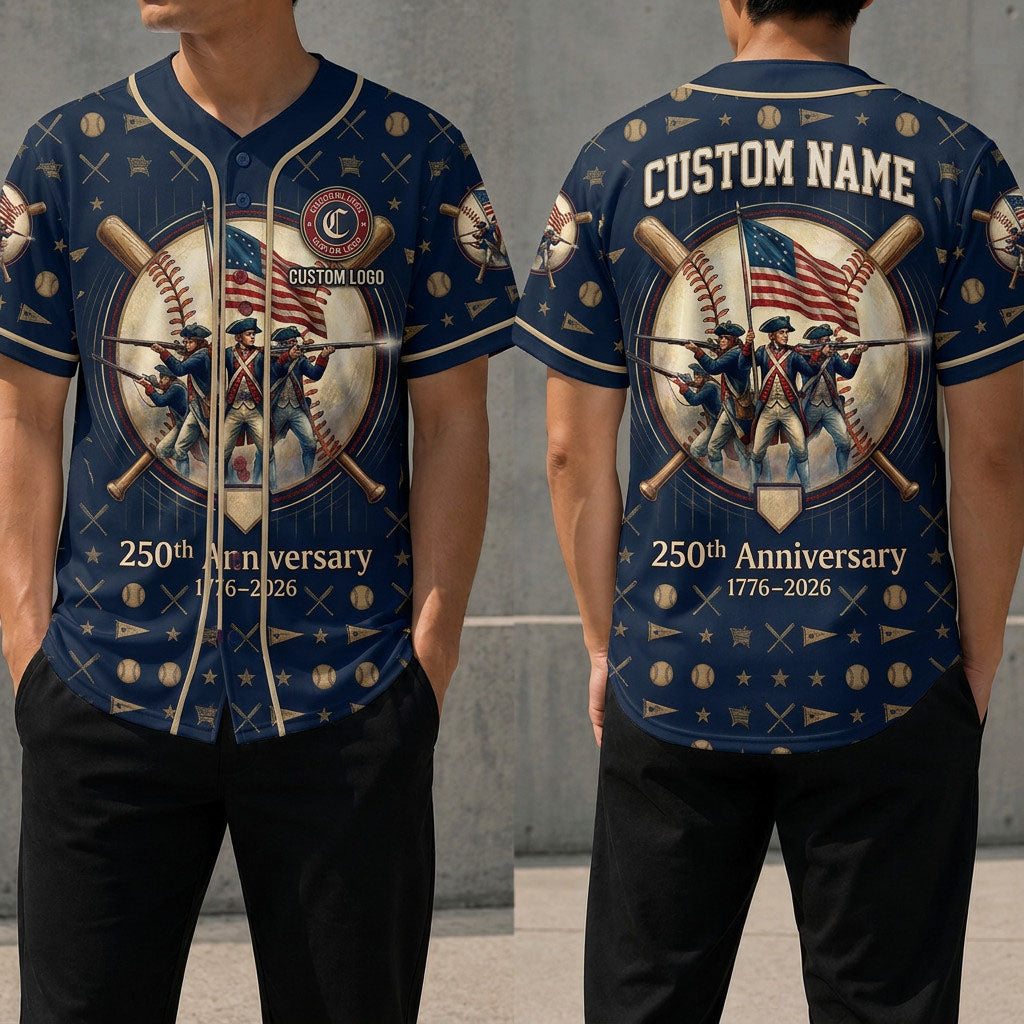 Front and back view of the 250th anniversary Revolutionary soldiers baseball jersey