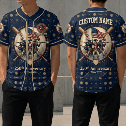 Front and back view of the 250th anniversary Revolutionary soldiers baseball jersey