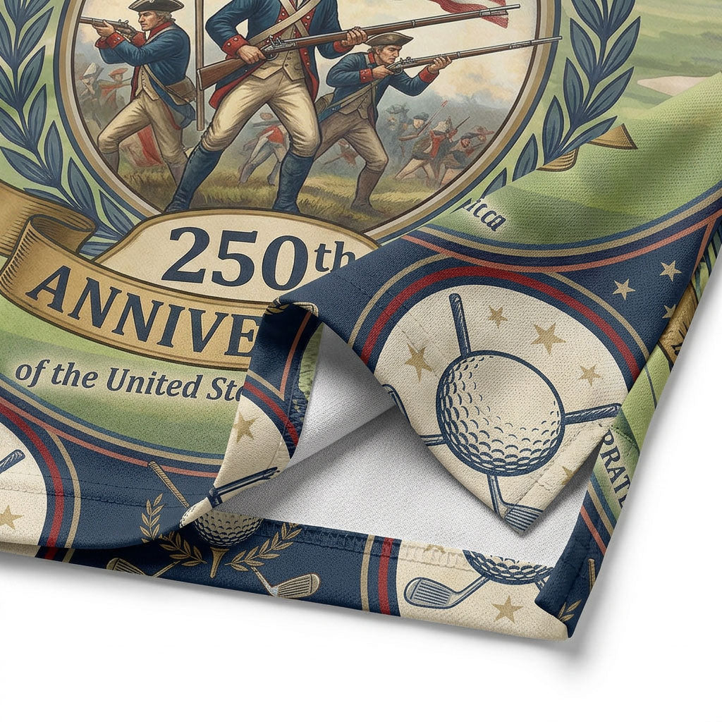 Detailed closeup of the historical Revolutionary Soldiers motif on premium polo fabric