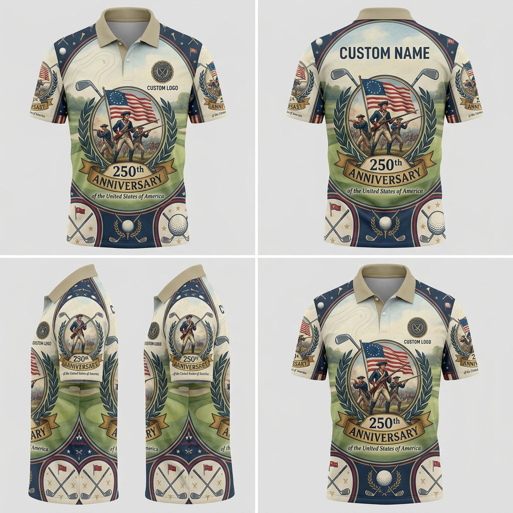 Multi-angle product display of the Revolutionary Soldiers designer golf polo